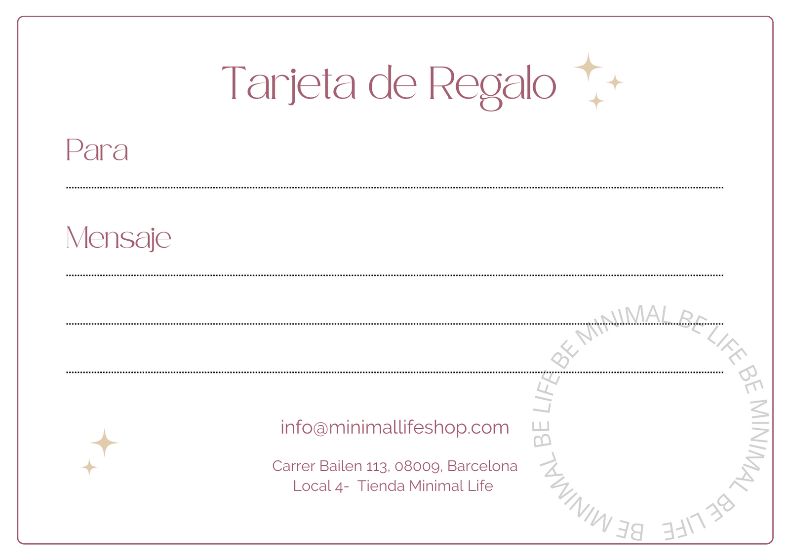 Tarjeta de Regalo Minimal Life Shop